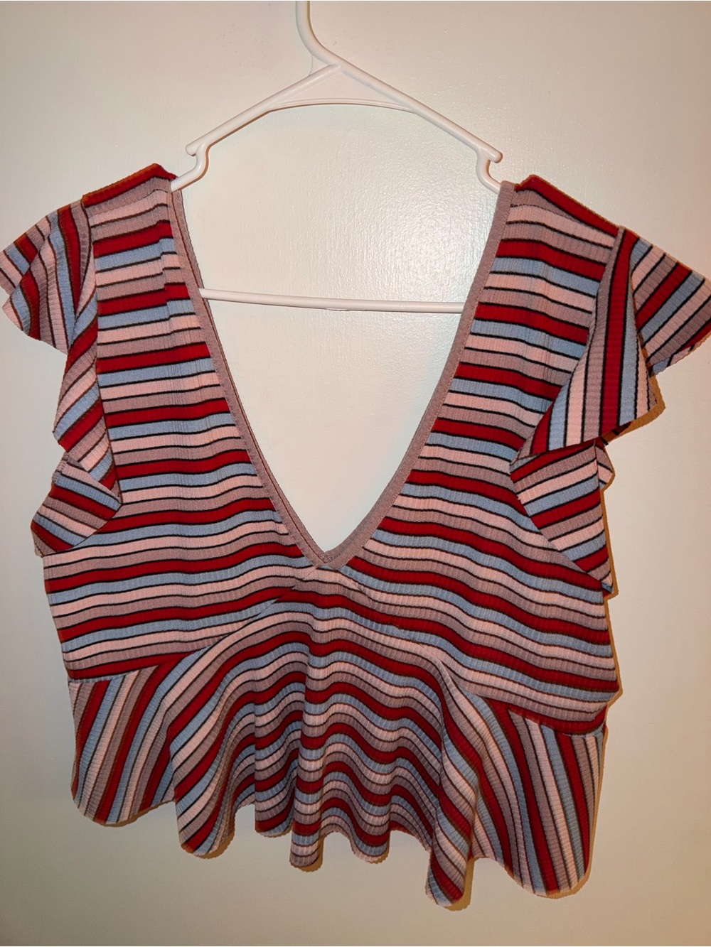 Striped V-Neck Ruffle Sleeve Women's Top - Red & Pink